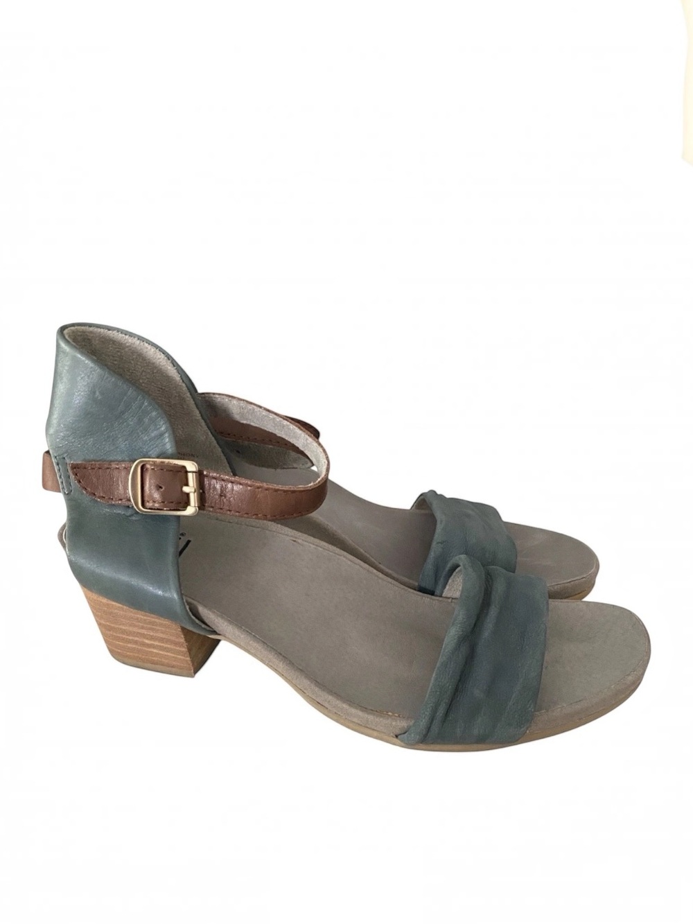 Earth Green and Brown Low Block Heel Sandals 7.5